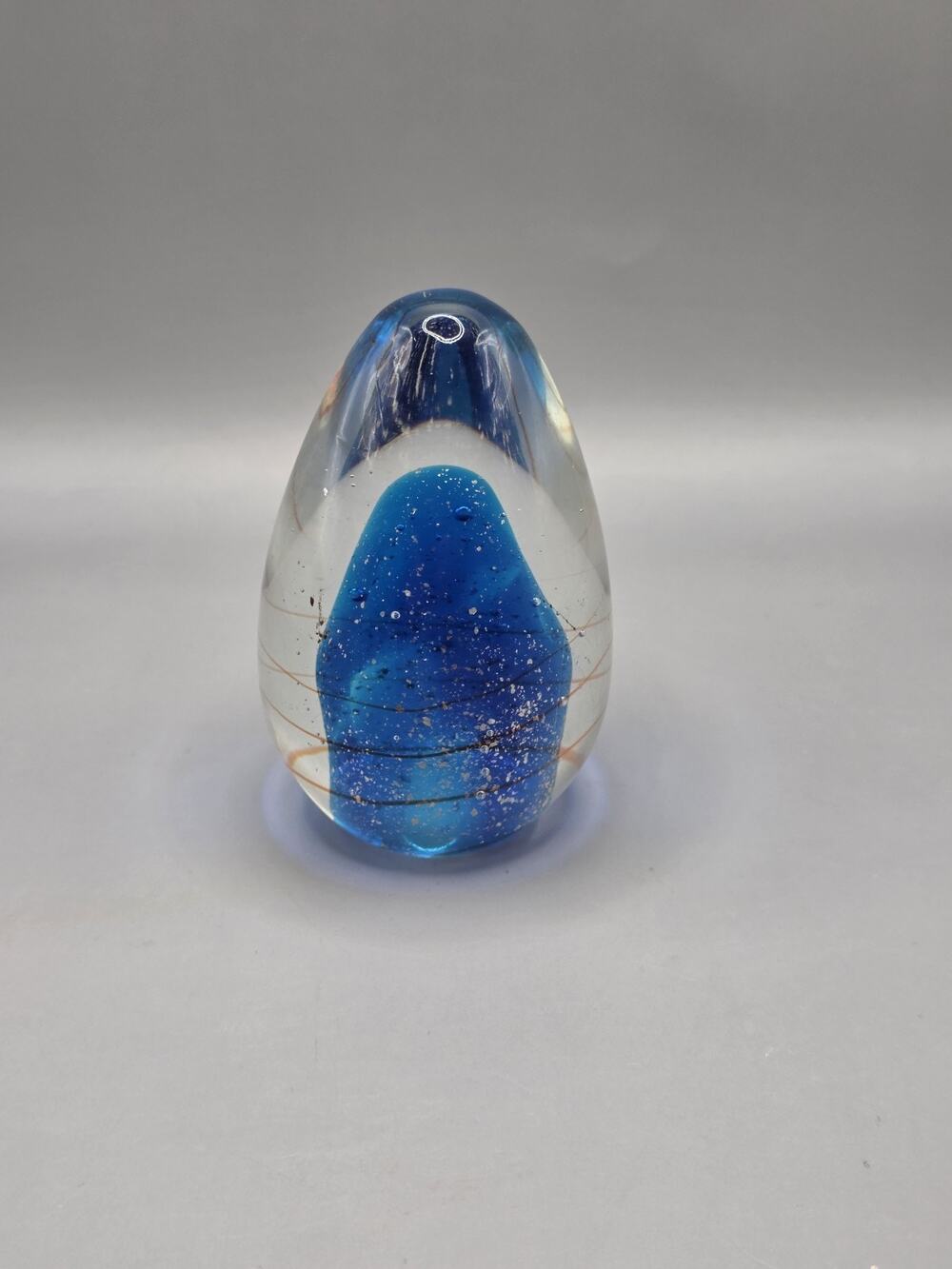 Hand Blown Art Glass Egg Figurine Blue Core Bubbles Ribbon Wrap Paperweight